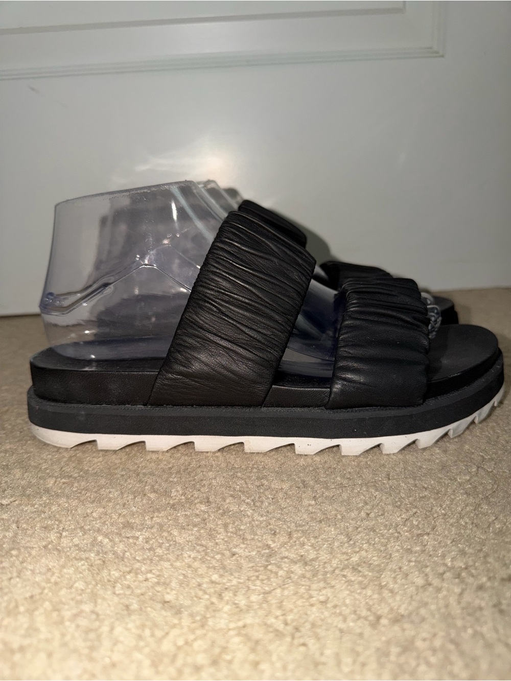 SOREL Black Leather Platform Slide Sandals Womens 8.5 Ruched Double Strap
